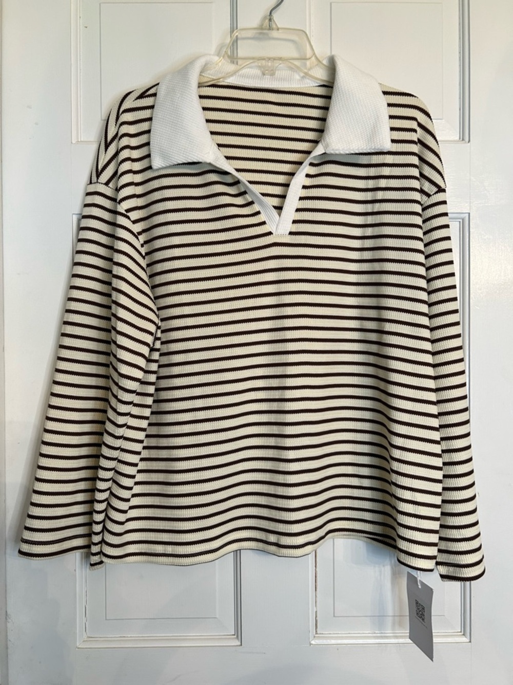 Striped Long-Sleeve Polo Top in Cream & Brown